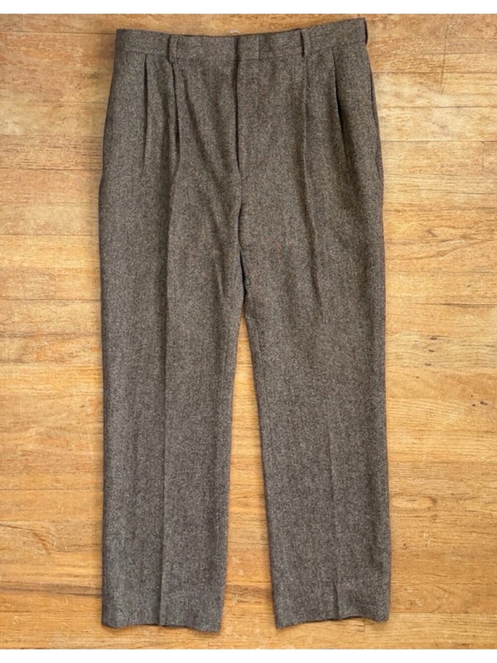 Vintage Mens Brown Tweed Wool Double Pleated Pants Size 32x30 Trousers 1970s